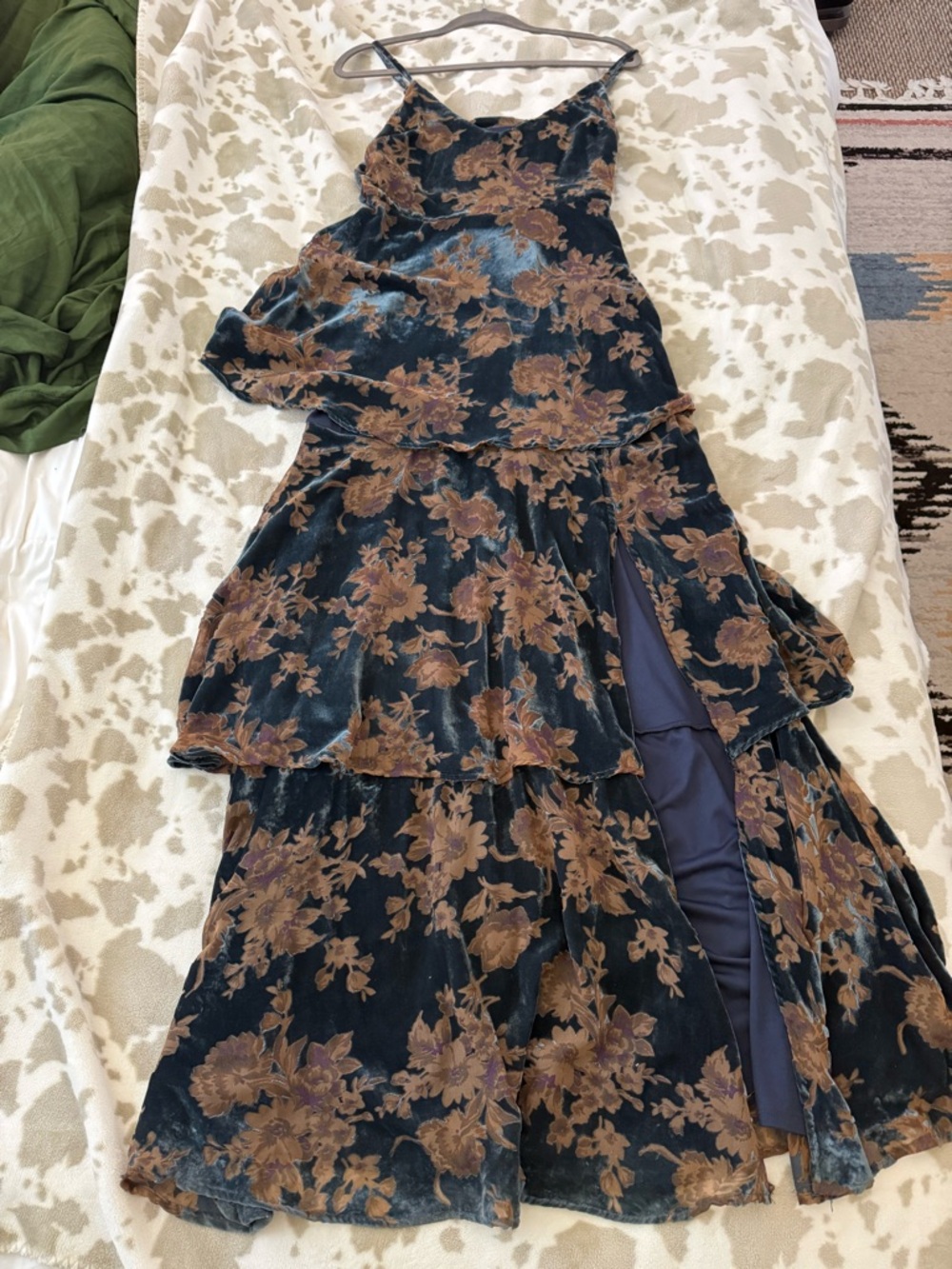 Lulu's Navy Velvet Floral Maxi Dress with Brown Blooms